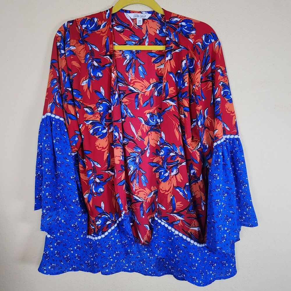Pioneer Woman Open Cardigan blue red Kimono patriotic Flounce Sleeve S/M NWT